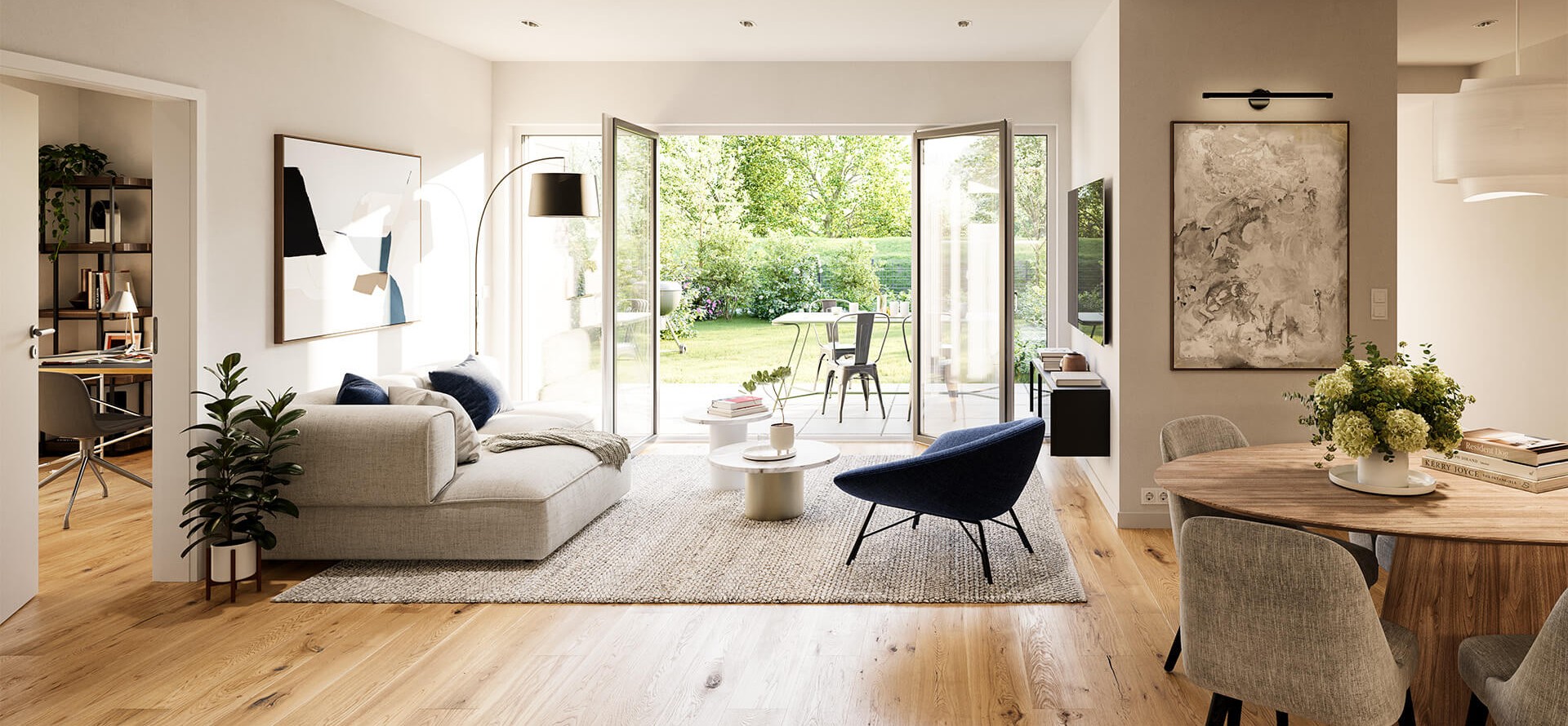 Wohnzimmer mit Blick in den Garten vom Wohnbauprojekt "Am Schellensee"